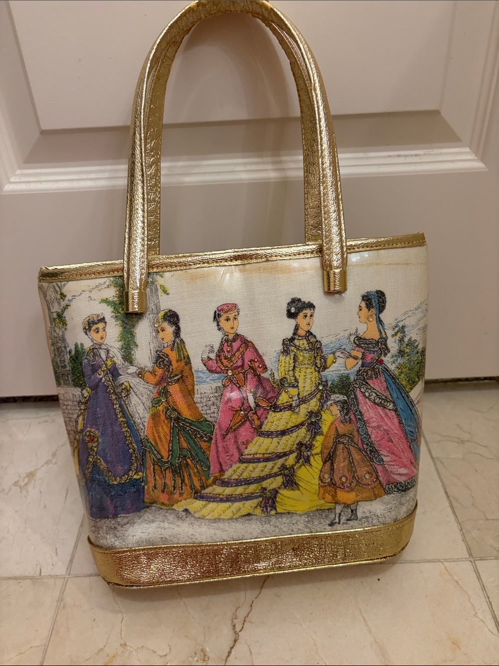 Gold-Trimmed Multicolor Vintage Illustration Tote